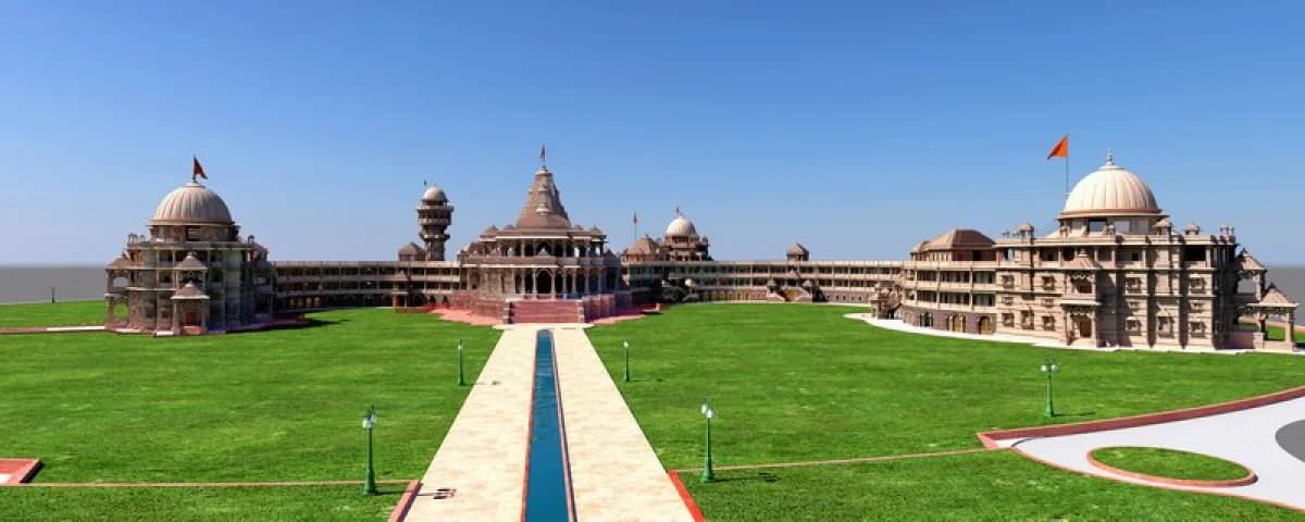 Front view of the OM-shaped building at Om Ashram